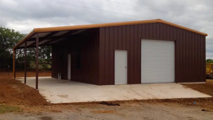 Metal Building with Roll-Up Garage Door and Patio